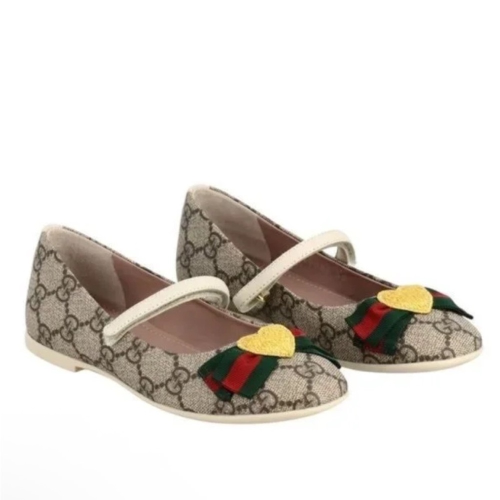 Gucci Gold Heart Bow GG Monogram Ballerina Flats Shoes Sandal Girls US 14